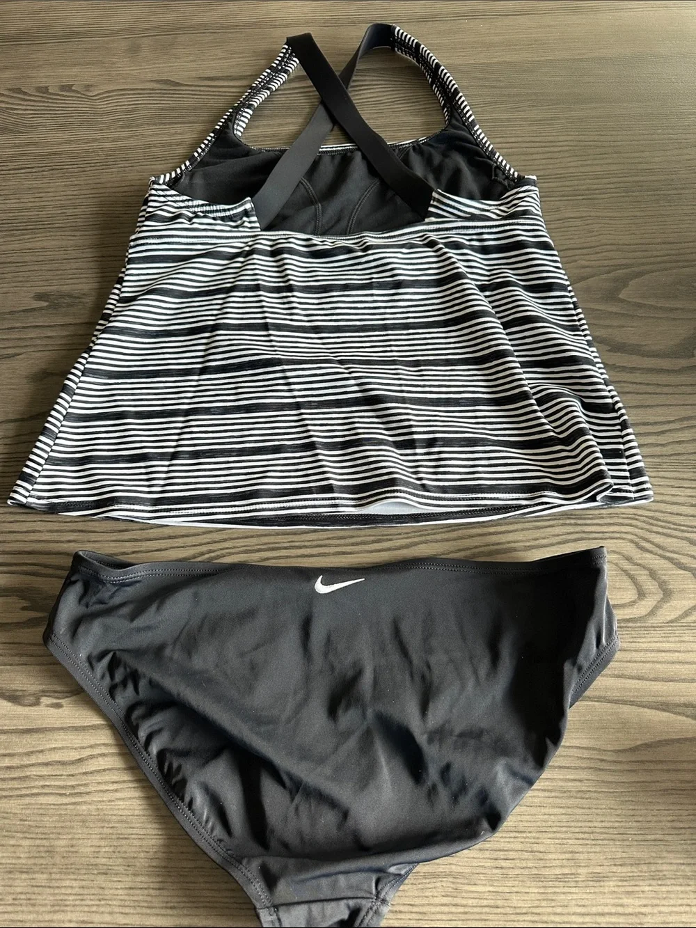 Nike Black & White Striped Tankini Top with Solid Black Bottom